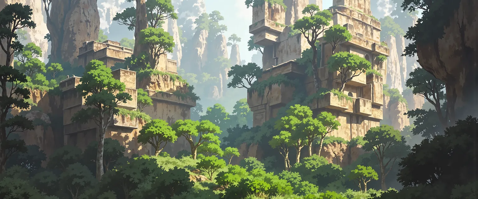 Overgrown stone towers among tall trees and cliffs