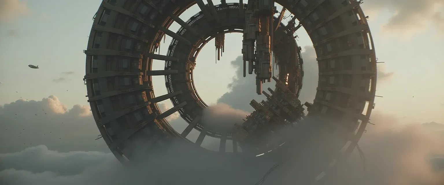 Giant ring structure rising out of the clouds