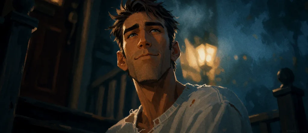 Cinematic frame of a man walking with a group in period clothing