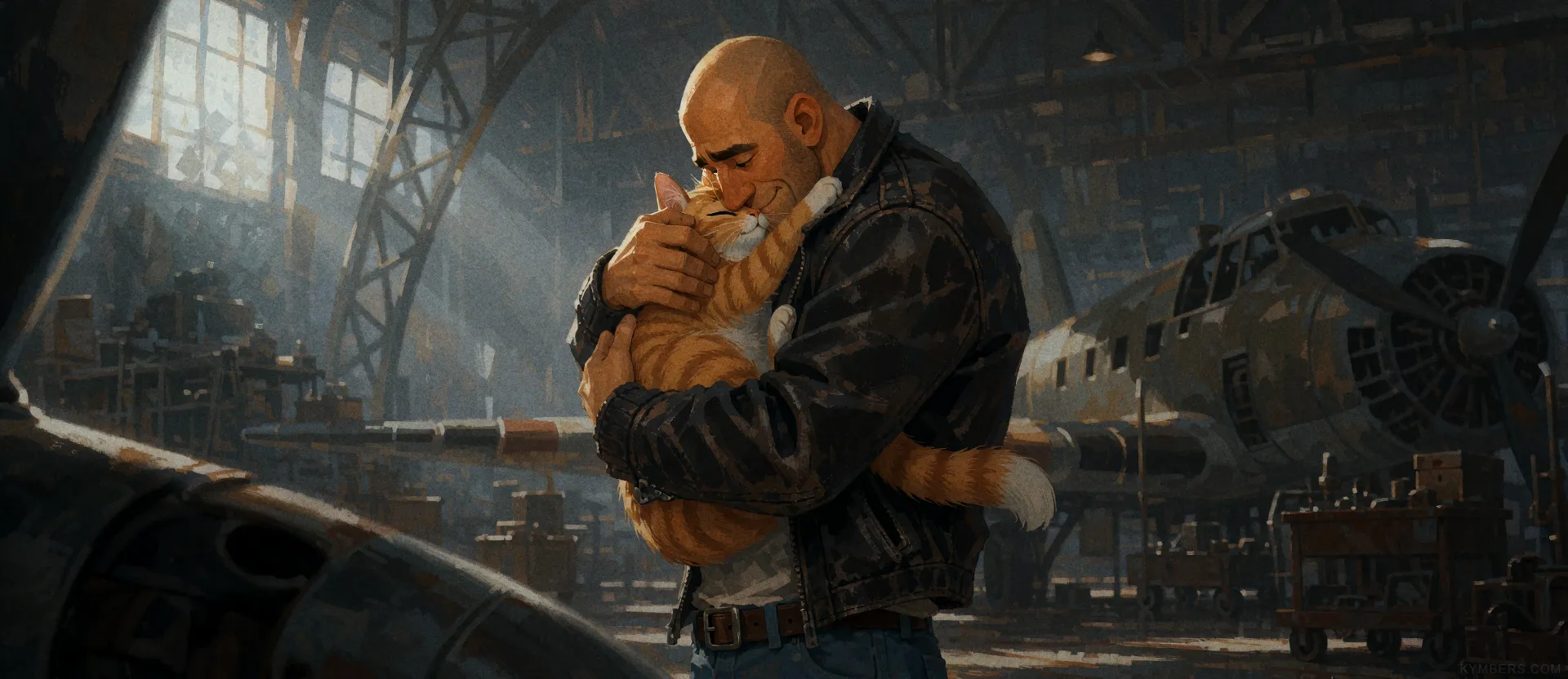 A man holding a cat in a hangar beside an old aircraft